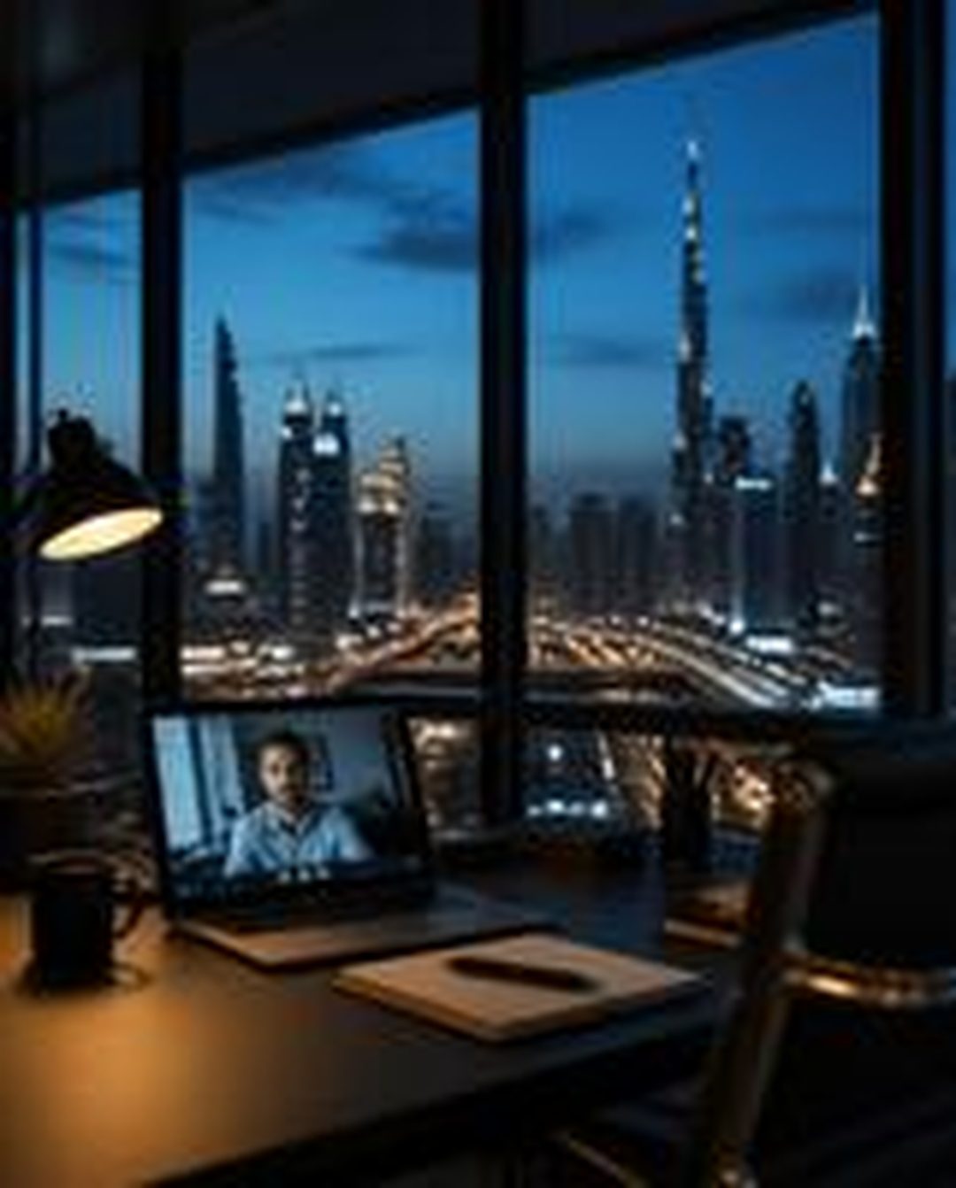 Dubai skyline at dusk seen from an office with a video call on a laptop